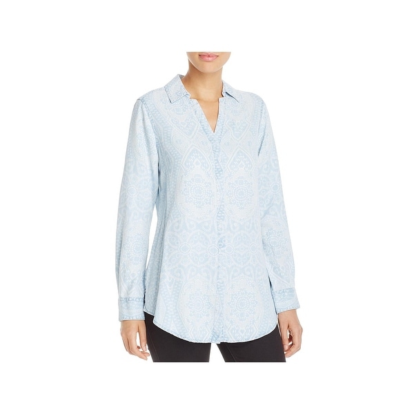 Foxcroft NYC Womens Button-Down Top Chambray Printed