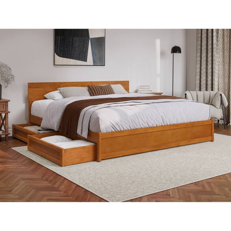 Wesley Platform Bed with Panel Footboard and Storage Drawers - Light Toffee - King