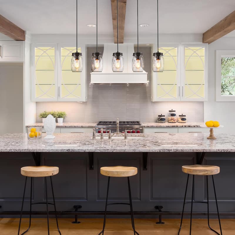 Farmhouse 5-Light Linear Glass Chandelier Wood Canopy Island Lights