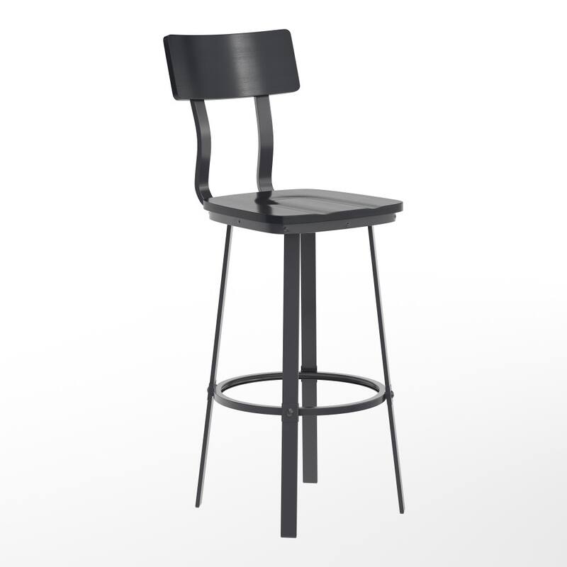Rustic Walnut Restaurant Barstool with Wood Seat & Back & Gray Powder Coat Frame - 16.25"W x 22.75"D x 45"H - Black