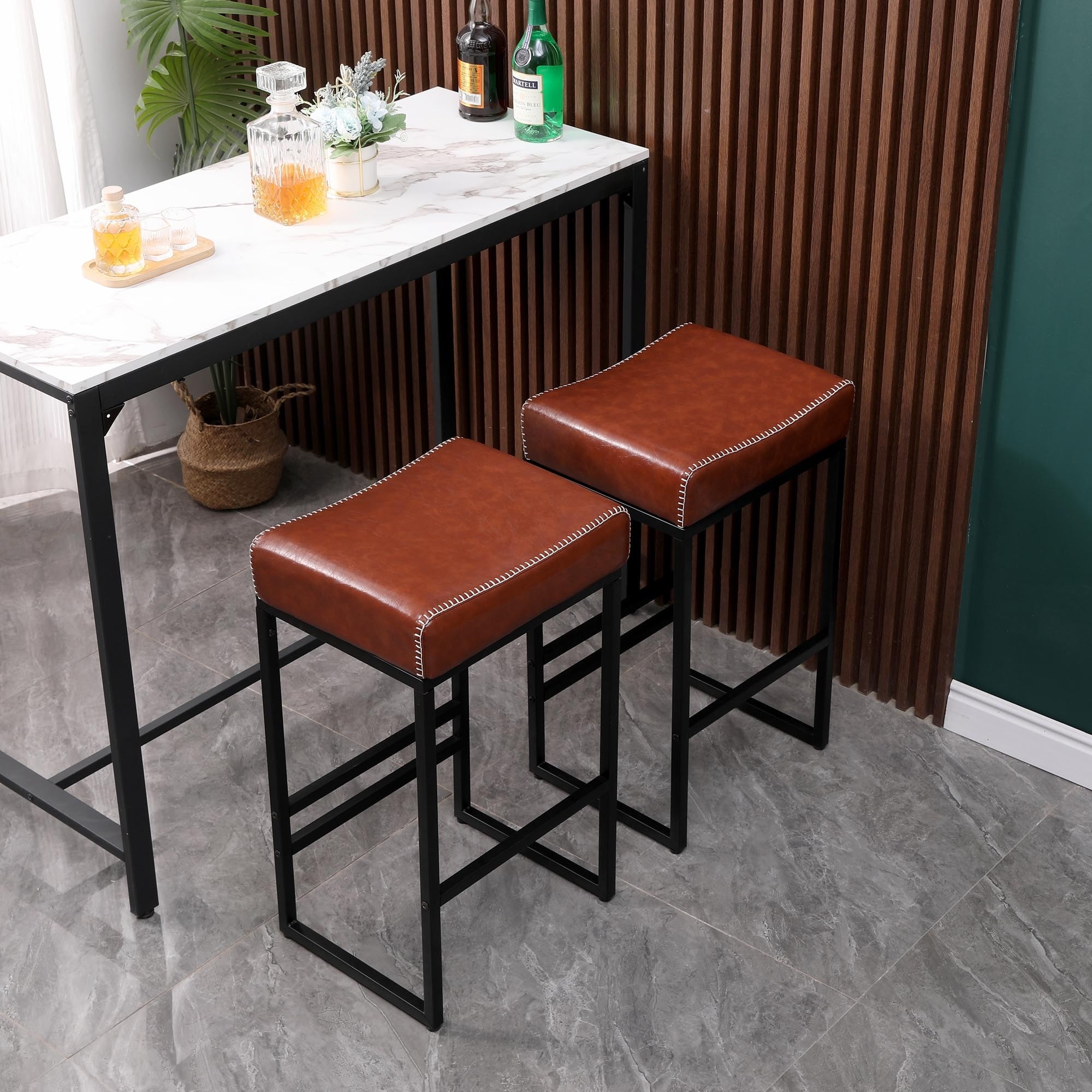 Upholstered PU Leather Bar Stool with Metal Legs and Footrest Set of 2