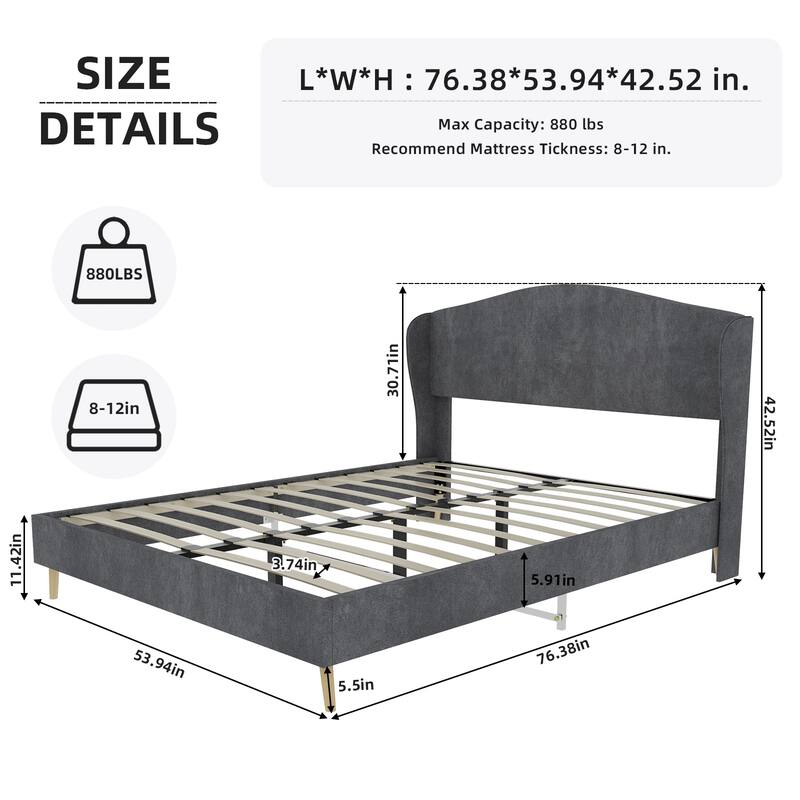 Full Size Upholstered Platform Bed Frame with Headboard for Bedroom