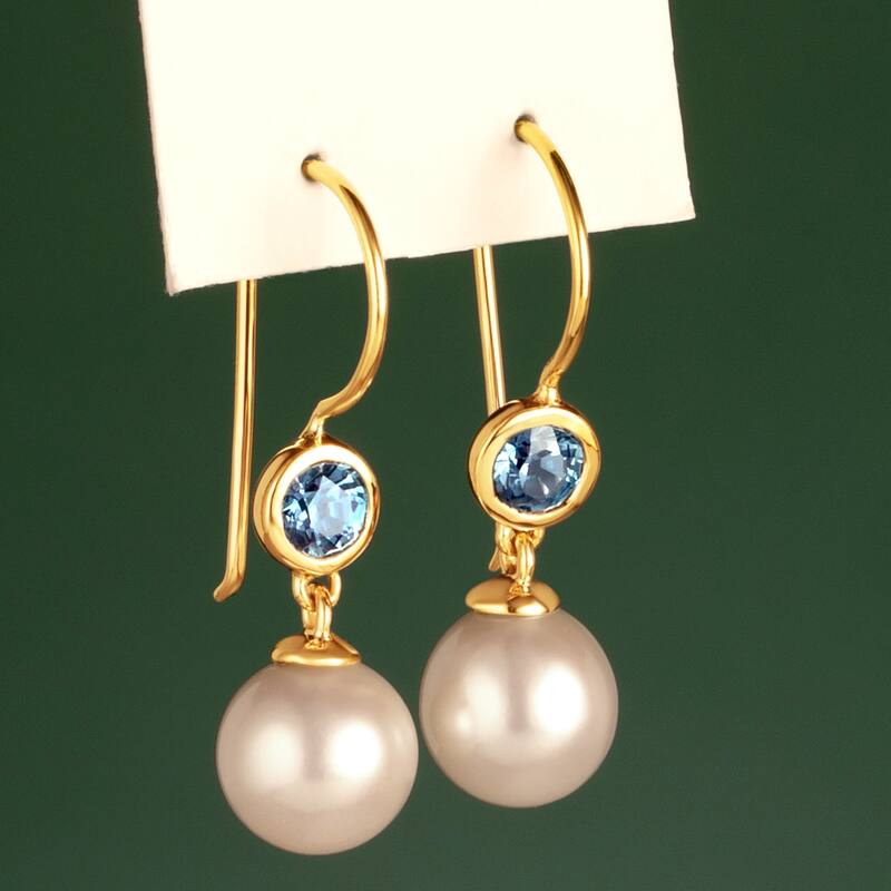 14k Yellow Gold Freshwater Pearl and Alexandrite Birthstone Drop Earrings