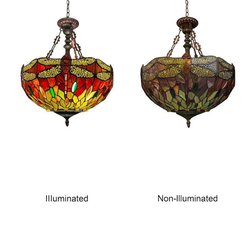 Tiffany-Style Dragonfly Design 3-light Dark Bronze Hanging Pendant