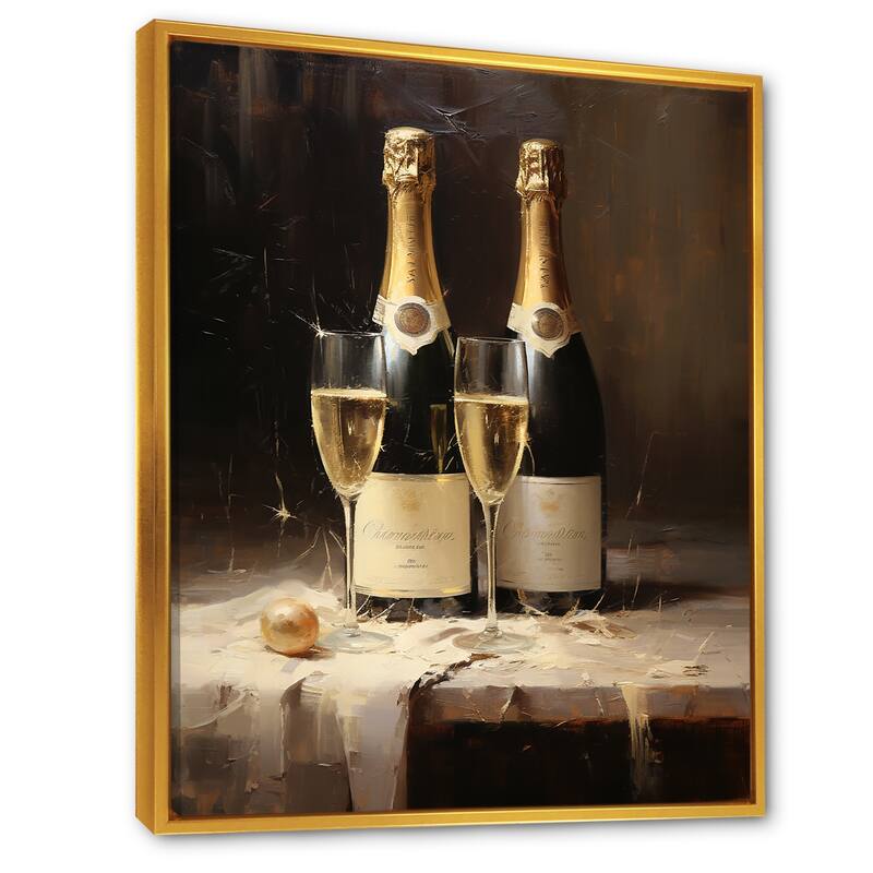 Designart "Cellars Silence Champagne Bottle I" Champagne Framed Canvas Art Print