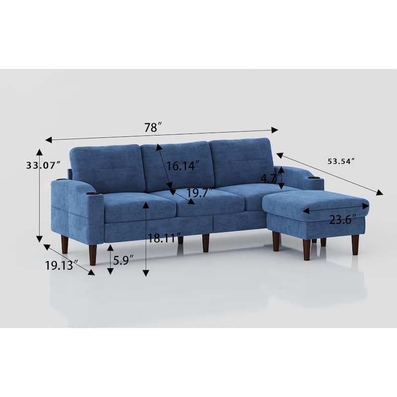 78.74'' L-Shaped Fabric 3-Seater Sofa with Storage Ottoman, USB Ports, Cup Holder, and Modern Styling