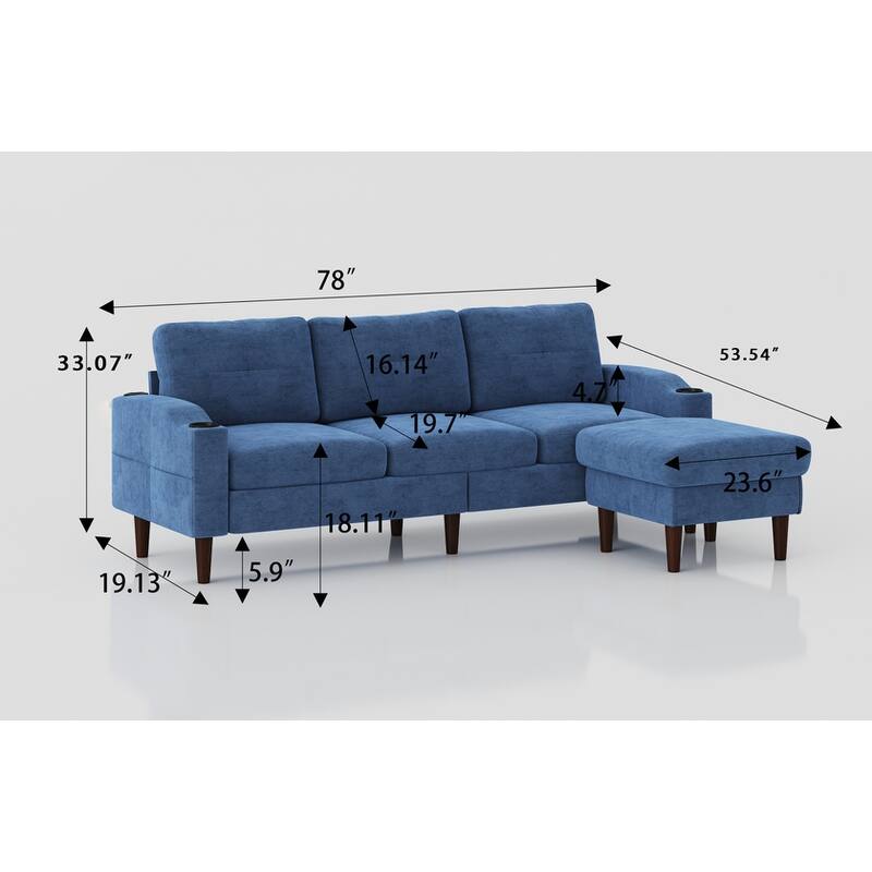 Blue 78.74'' Fabric L-Shaped 3-Seater Sofa with Storage Ottoman, USB Port, and Cup Holder