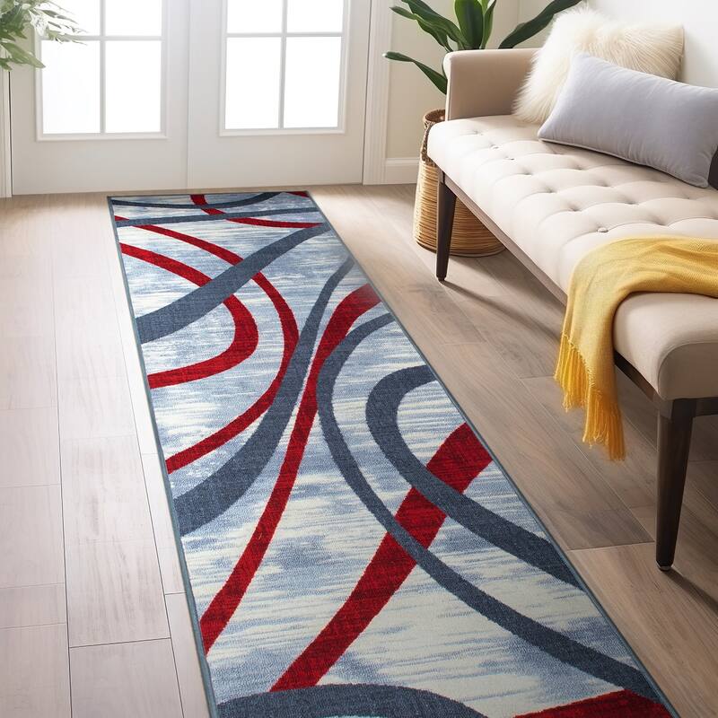 Contemporary Distressed Abstract Lines Non Slip Area Rug - Red - 2' x 7' - Runner