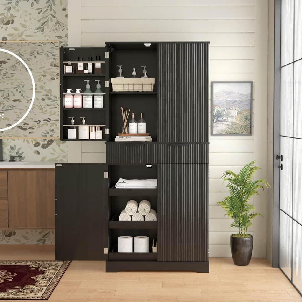 72" Fluted Kitchen Pantry Cabinet with 3 Keyboard Drawers