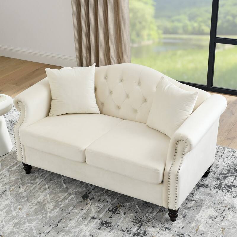 Chesterfield Sofa Velvet for Living Room, 2 Seater Sofa Tufted Couch with Rolled Arms and Nailhead, two pillows 