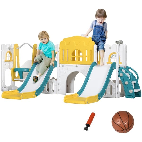 slide 2 of 8, Qaba 8 in 1 Toddler Slide and Swing Set with 2 Slides, Baby Slide for Ages 1-3 with Basketball Hoop - Yellow Yellow