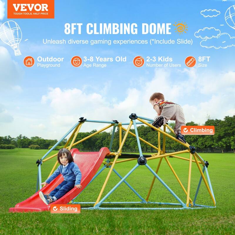 Climbing Dome, for Kids 3 to 9 Years Old, 8FT Geometric Dome Climber with Slide, Jungle Gym Supports 600LBS and Easy Assembly