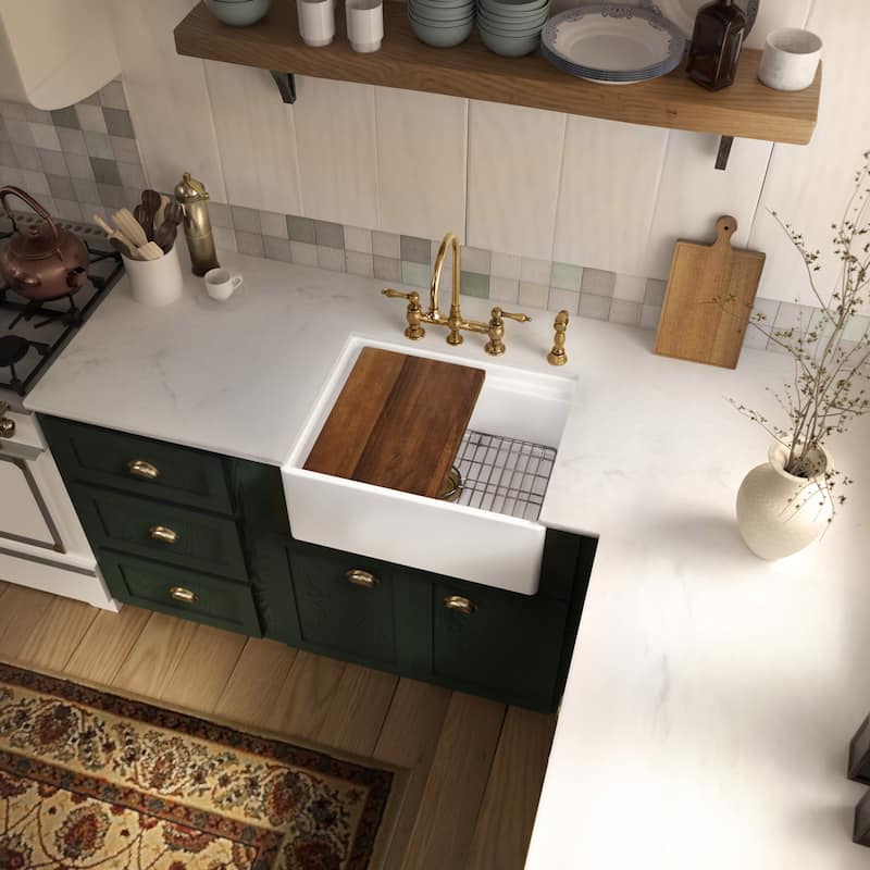 Front apron single bowl fireclay kitchen sinks with walnut wood cutting board and stainless steel grid - 19x24