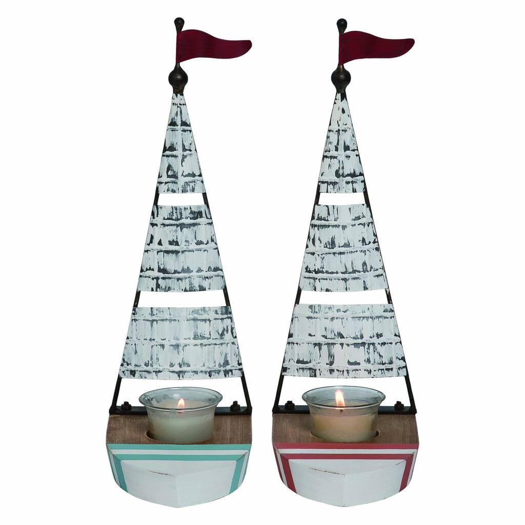 Transpac Large Wood Sailboat Candle Holder Decor Set of 2 KD Spring Home Decorations