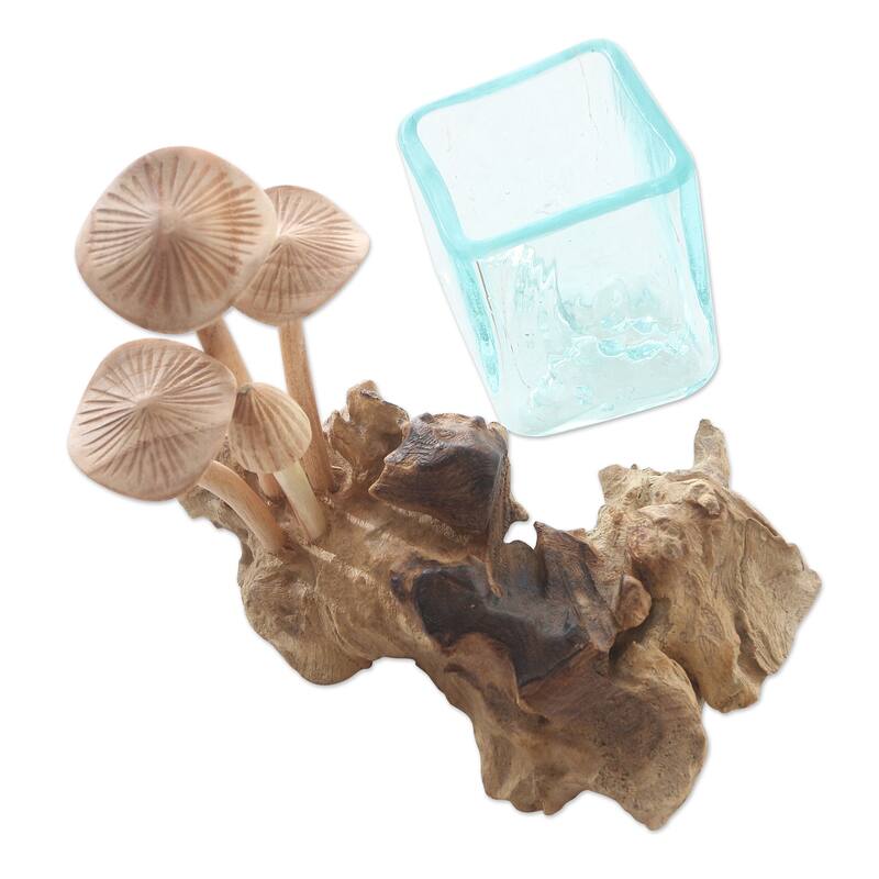 Novica Handmade Mushroom Patch Wood And Glass Sculpture