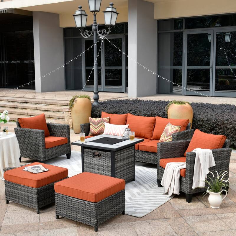 OVIOS 6-piece Patio Outdoor Wicker Conversation Set With 30" Fire Pit