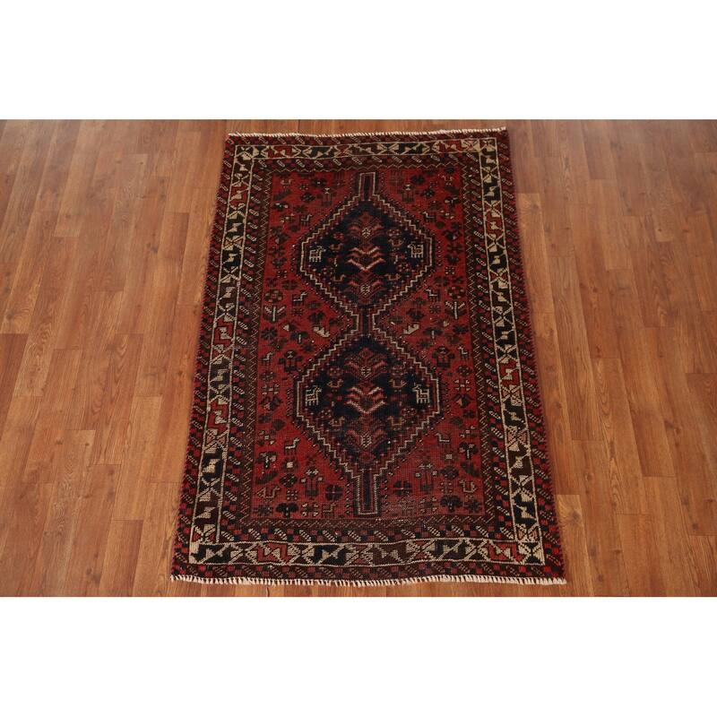 Tribal Shiraz Persian Antique Area Rug Hand-Knotted Wool Carpet - 3'2"x 4'10"