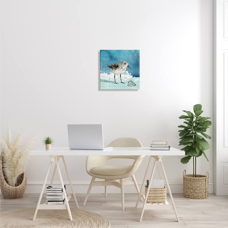 Stupell Sandpiper Bird and Shell Nautical Ocean Map Canvas Wall Art - Blue