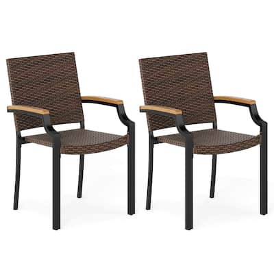 Costway Stacking Wicker Chairs Set of 2 with Acacia Wood Armrests & - See Details