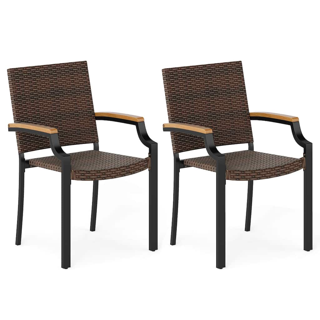 Costway Stacking Wicker Chairs Set of 2 with Acacia Wood Armrests & - See Details