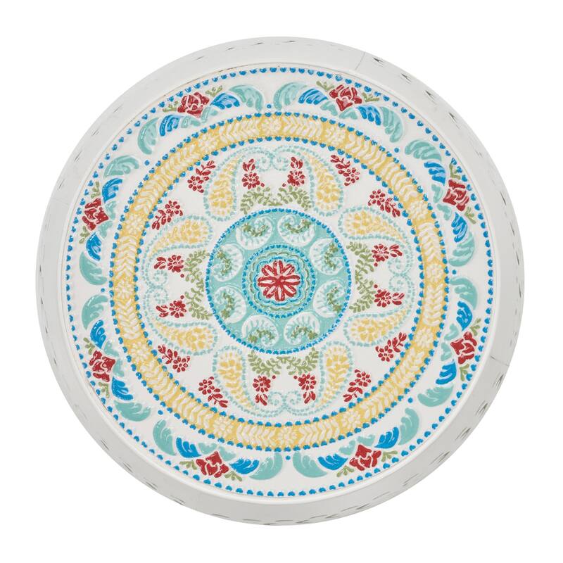 18.25" Modern Round Side Table with Boho Pattern Ceramic Tile Top and Unique Color Iron Frame