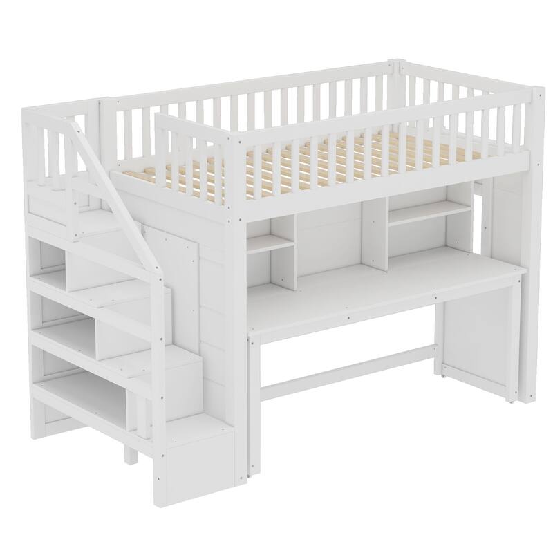 Espresso Loft Bed with Desk Bookshelf Storage Stairs Wood Loft Bed Frame
