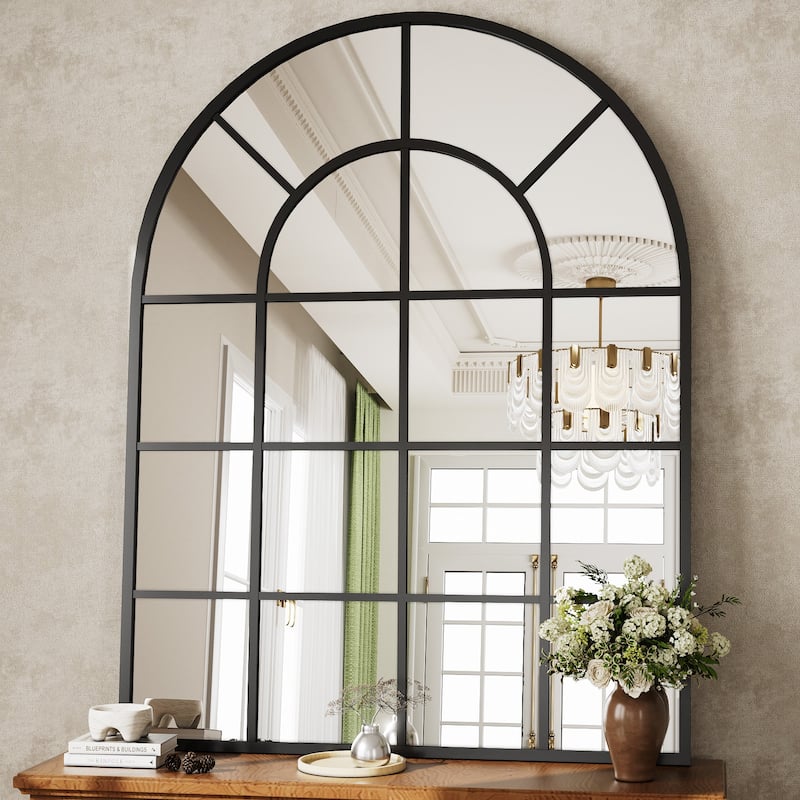 Arched Windowpane Bathroom Mirror with Metal Frame - 40"x30" - Black