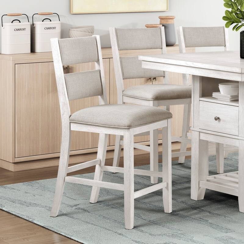 7pc Counter Height Dining Set Antique White Finish Table with Storage Drawers Wine-Rack Shelves 6x Chairs