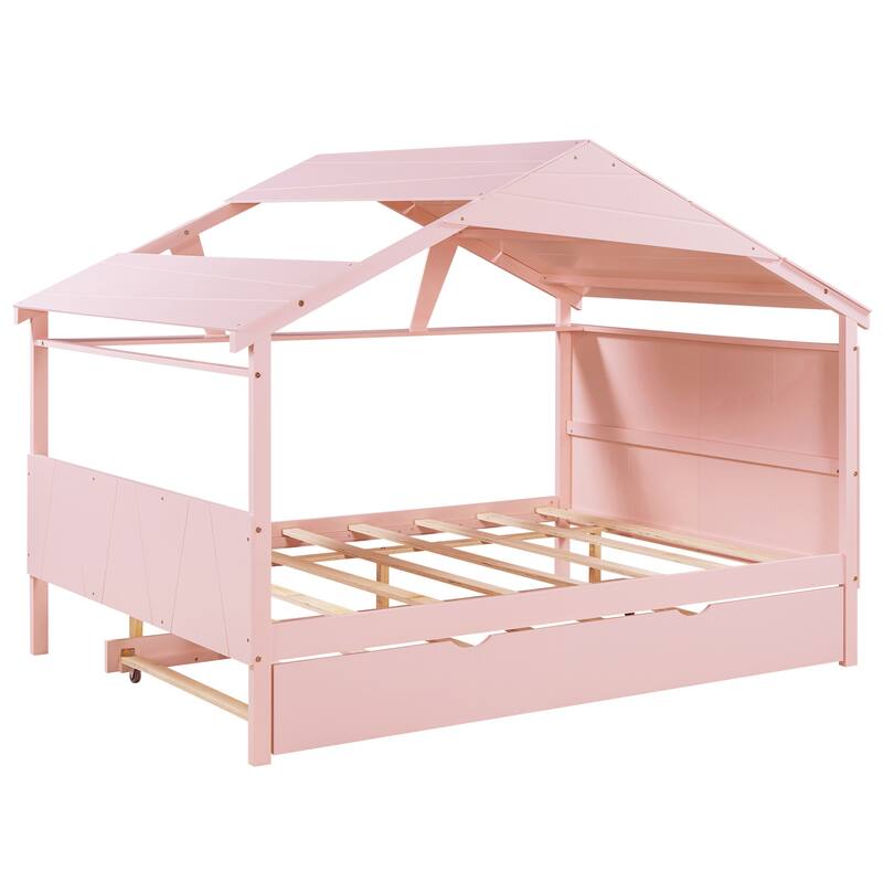 Houseshaped Daybed with Trundle Bed, Storage Side Shelf, Roof Bed
