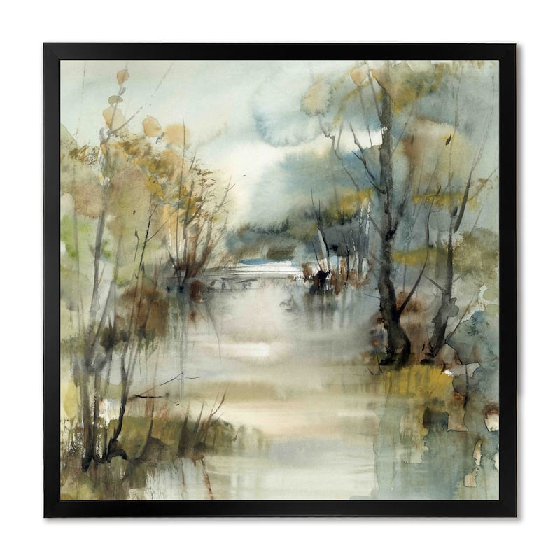 Designart "Winter River Landscape Illustration" Traditional Framed Wall Decor