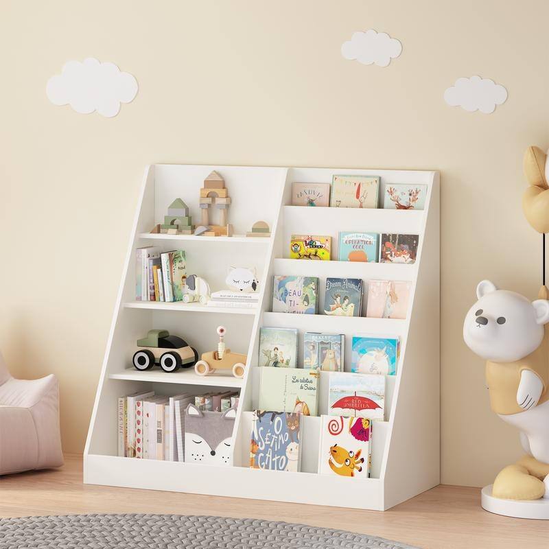 4-Tier Wooden Kids Bookshelf & Toy Organizer with Storage Bin, Modern Display Bookcase for Nursery Playroom
