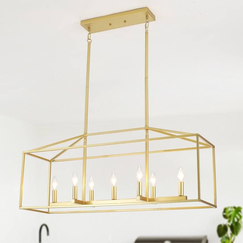 37.79" Wide 7-Light Traditional Farmhouse Rectangle Chandelier, Semi Flush Mount Chandelier, Kitchen Island Chandelier - Spray Gold