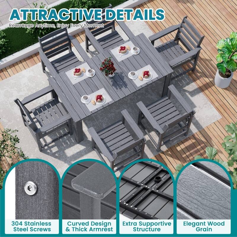Gray 5/7-Piece HDPE Wood Grain Patio Outdoor Dining Set with Armrest & Umbrella Hole