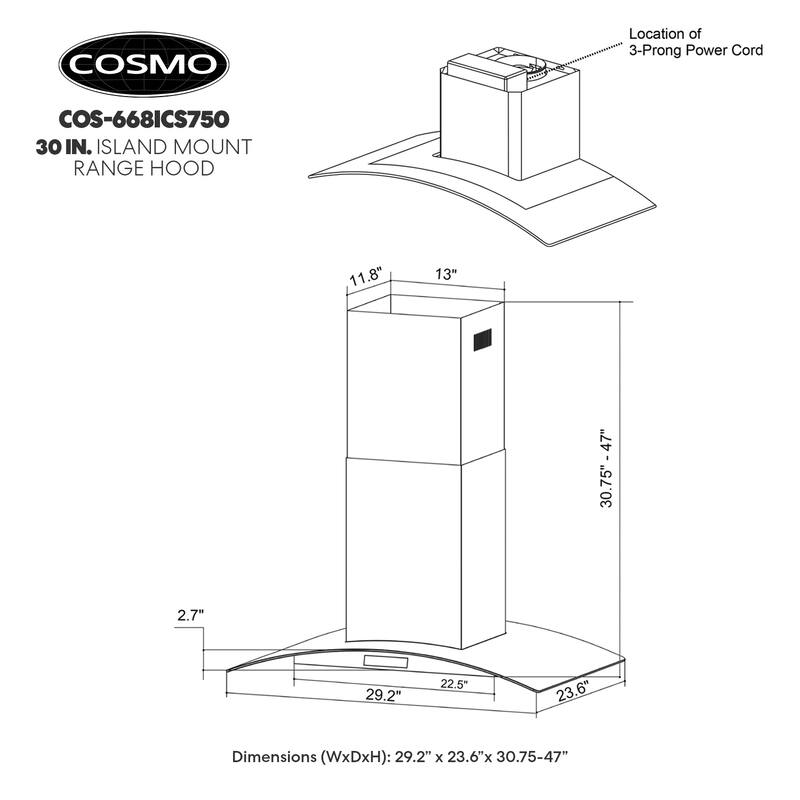 Cosmo 30 in. Ductless Island Range Hood in Stainless Steel with Carbon Filter Kit for