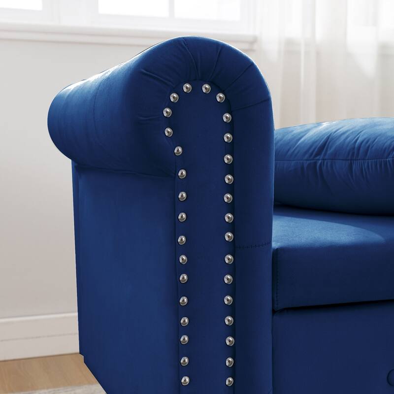 Velvet Lounge Chair for Bedroom with Storage & Pillow,Modern Upholstered Rolled Arm Chase Lounge for Sleeping