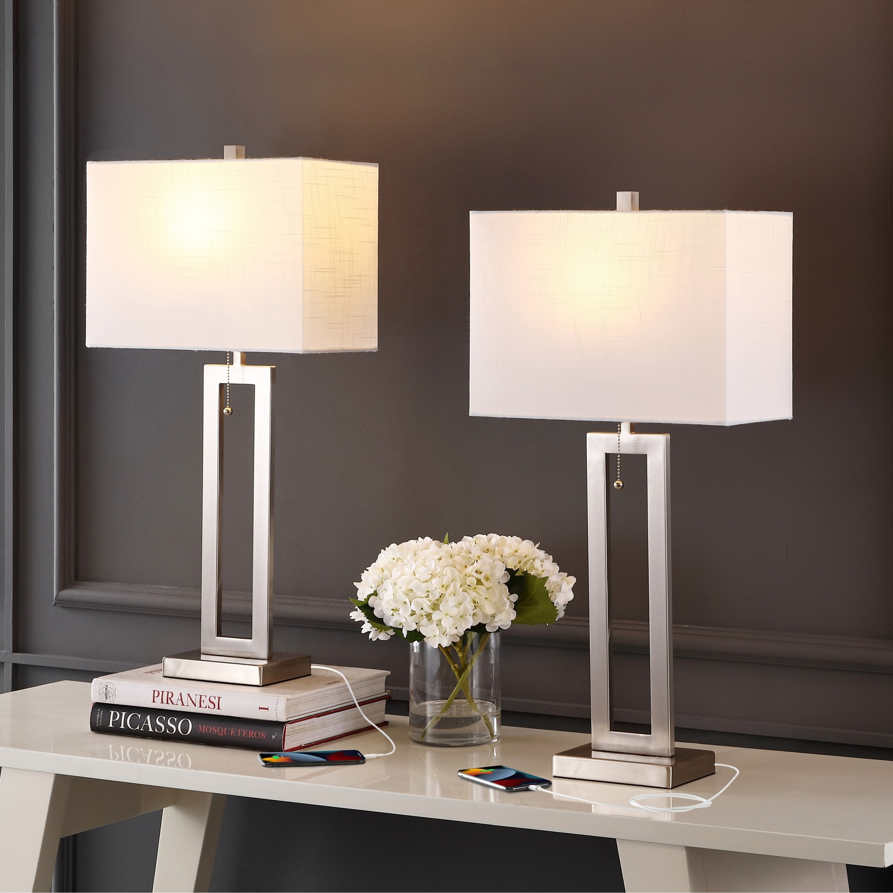JONATHAN Y Lucie 28.5" Vintage Industrial Iron LED Table Lamp with Pull-Chain and USB Charging Port, (Set of 2)