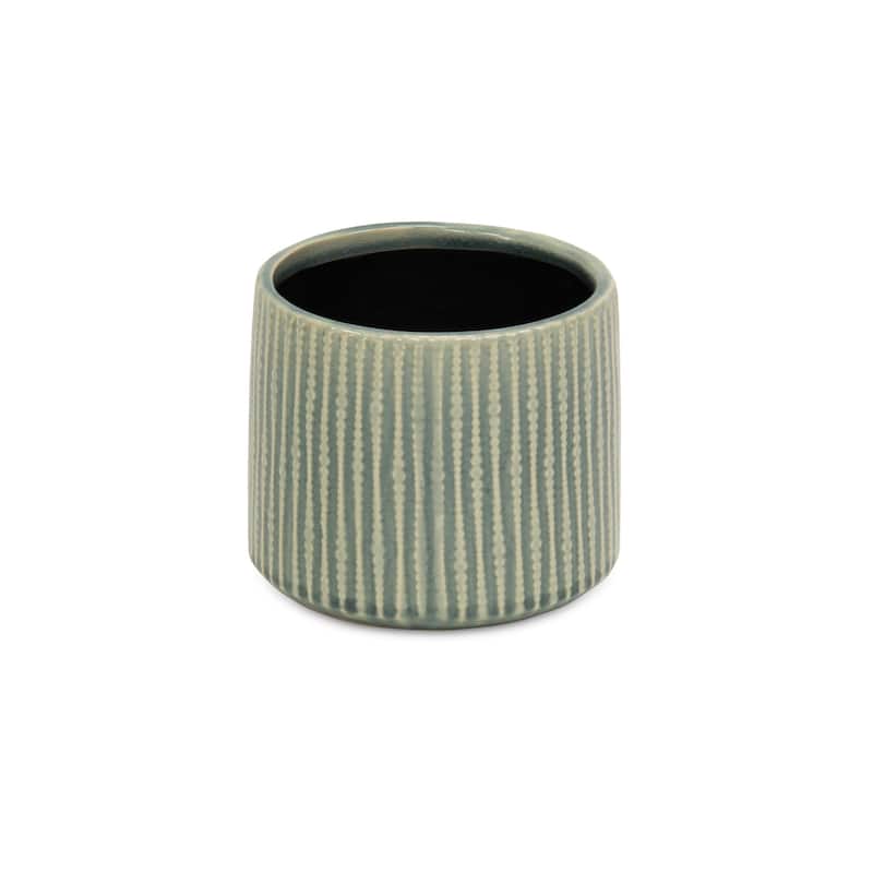 HomeRoots 6" Green Striped Ceramic Indoor Outdoor Round Pot Planter