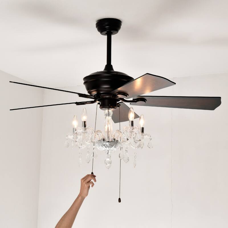 2-in-1 Ceiling Fan with Crystal Chandelier & 3-Speed Reversible Motor, Dual Finish Blades, Timer Function
