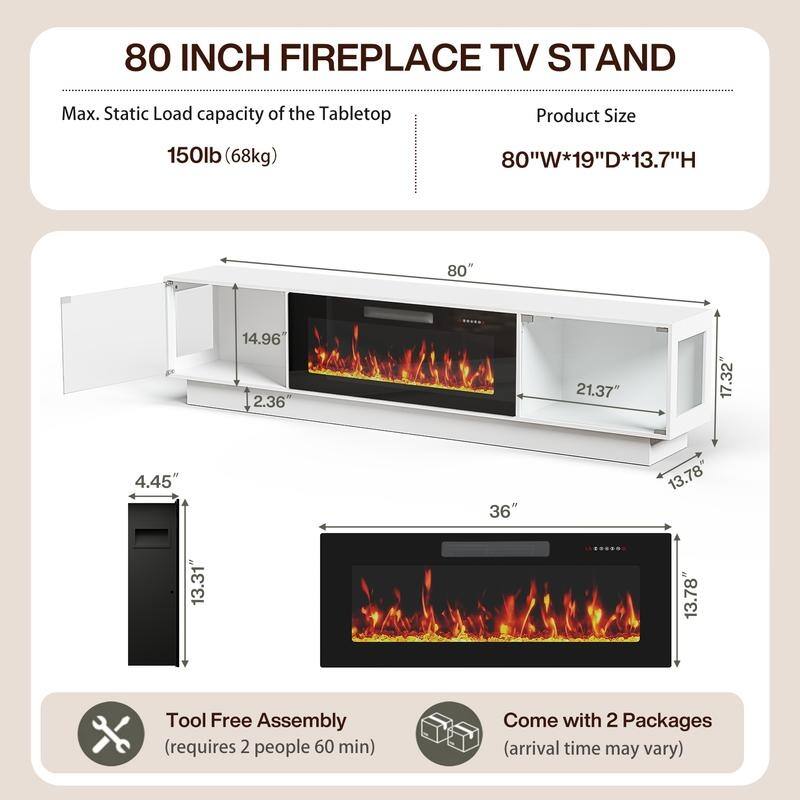 BOSSIN 80" Fireplace TV Stand with Adjustable LED Lights, Modern Entertainment Center with Glass Door Storage Cabinet, Black