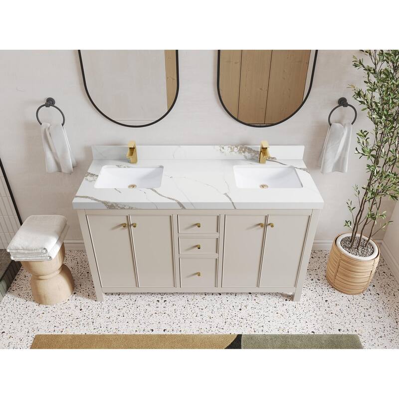 Willow Collections 60 in. W x 22 in. D Chicago Double Sink Bathroom Vanity with Countertop - 2” Calacatta Gold - Fine Grain