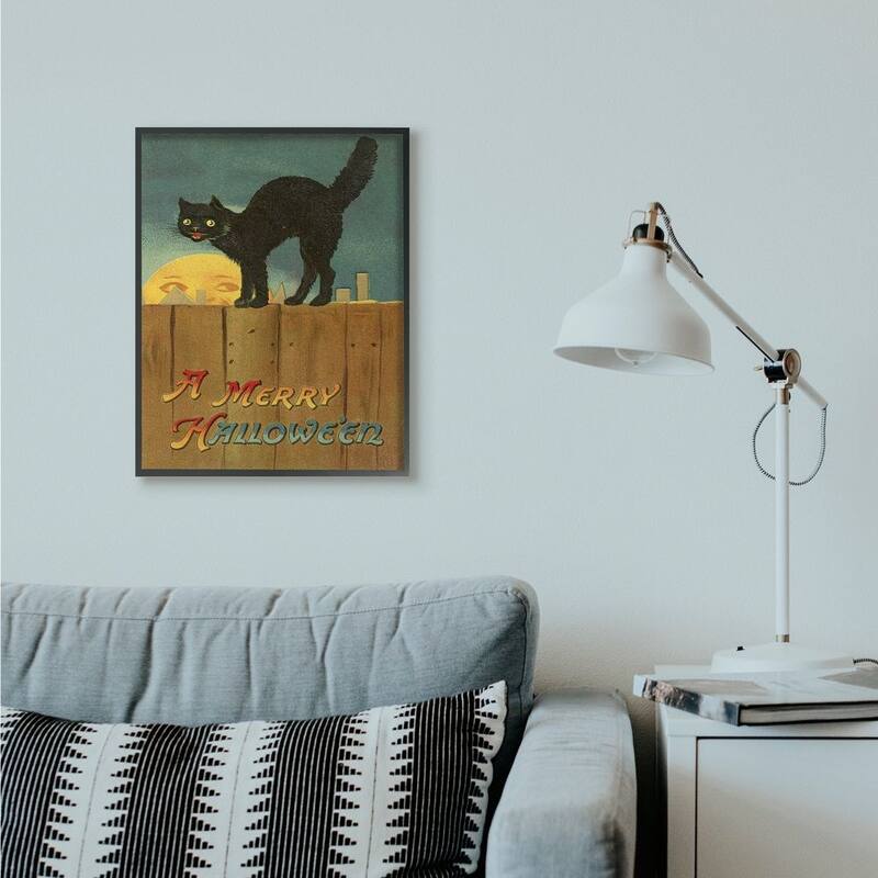 Stupell A Merry Halloween Black Cat Fence Seasonal Holiday Design Framed Wall Art
