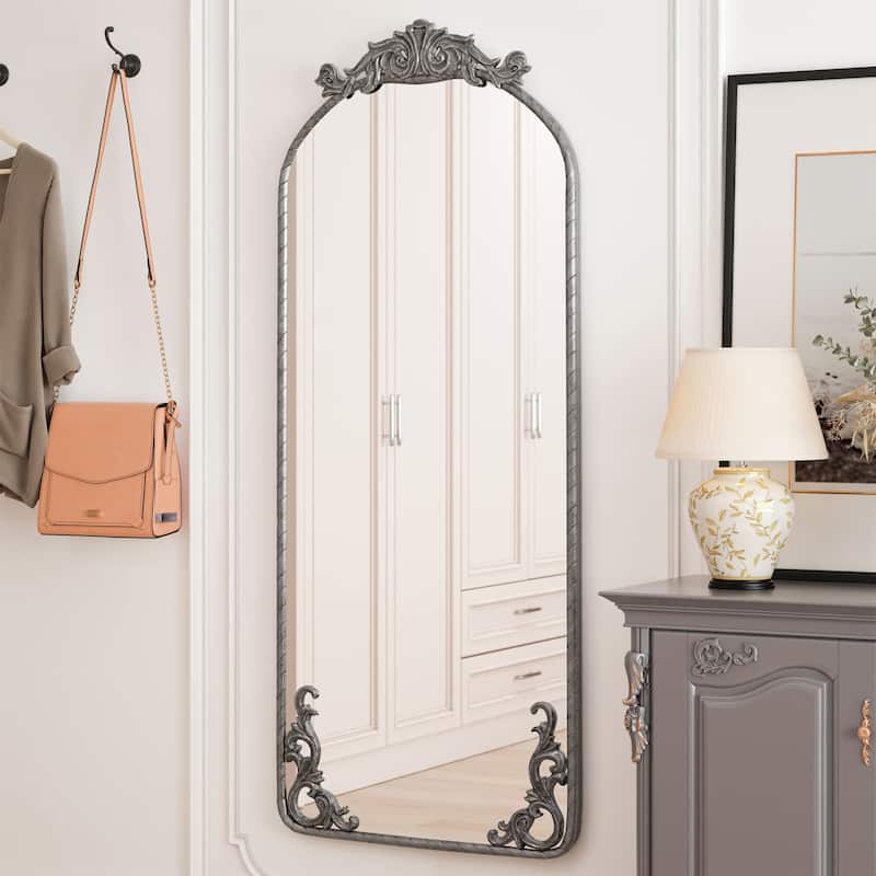 58"x24"Arched Hanging Wall Mounted Mirror with Vintage Carved Applique