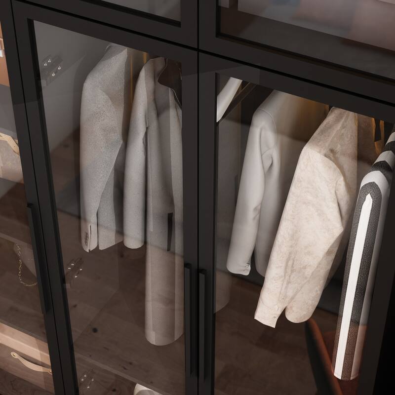 47.2" Wide Armoire LED Light All Glass Door Closet Cabinet Wardrobe