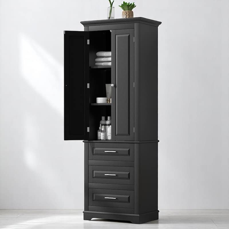 Vertical Bathroom Cabinet with 3 Drawers, 2 Doors, Adjustable Shelf, Anti-Tip Kit, MDF Storage Unit