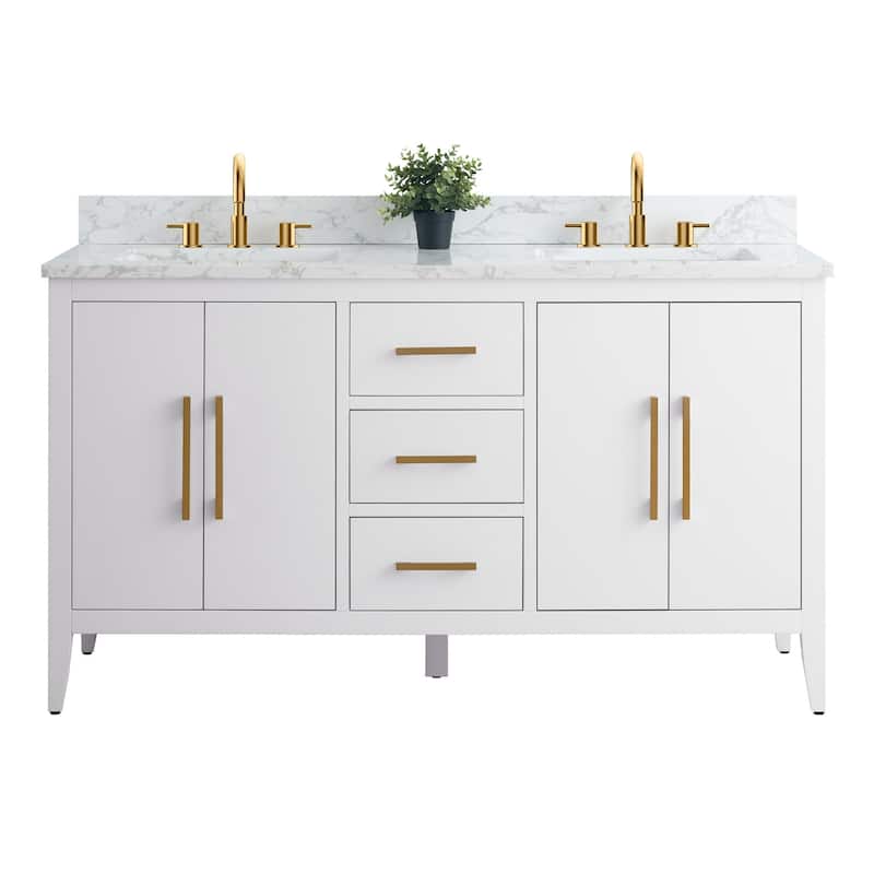 Vanity Art 60" Double Sink Bathroom Vanity Cabinet with Engineered Marble Top