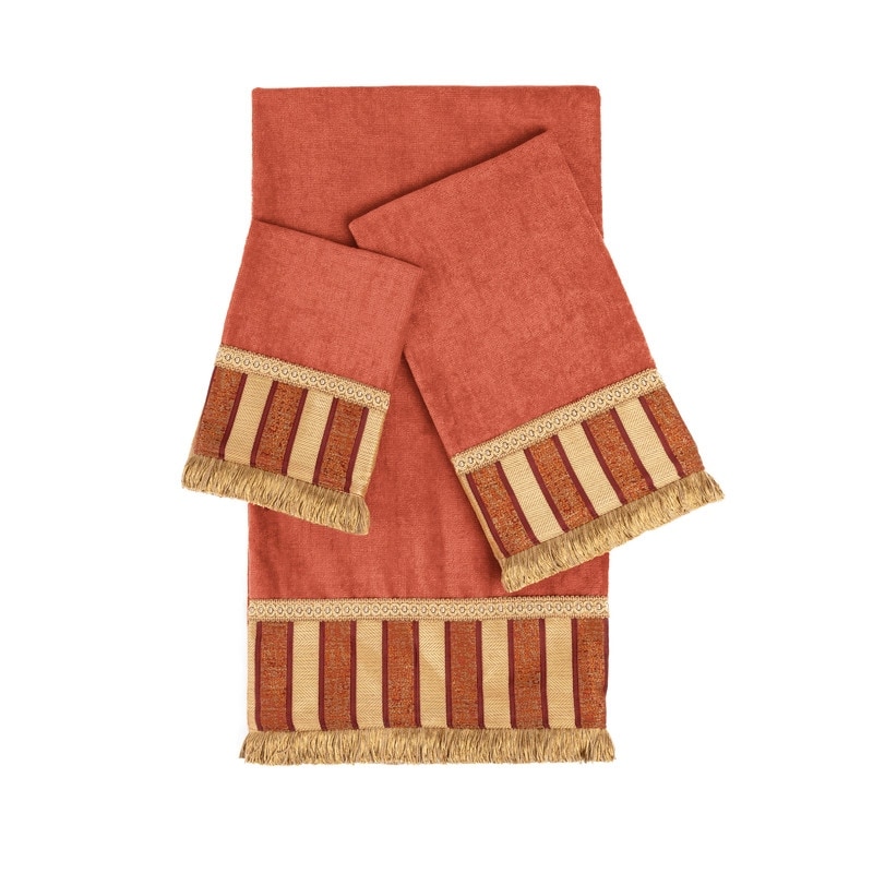 Sherry Kline Queue Coral 3-piece Decorative Towel Set, Jacquard Fabric Band, brush fringe trim 1 Bath Hand & Tip Towel