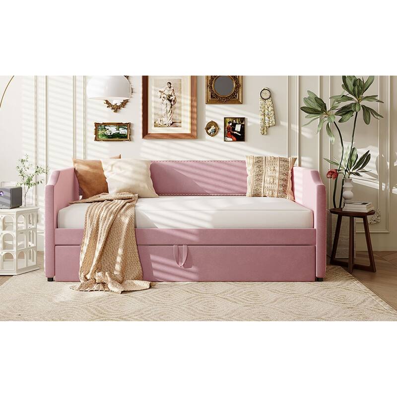 Roomfitters Twin Size Velvet Upholstered Daybed with Pop Up Trundle, Space Saving Sofa Bed Frame with Slats