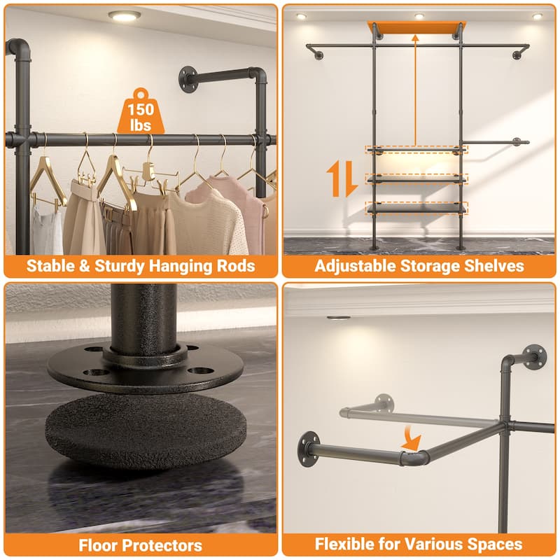 87"W Industrial Pipe Clothing Racks with LED Lights & Open Shelves,Reversible Walk-in Closet Oraganizer System Garment Racks