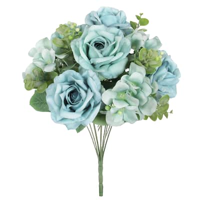 Set of 2 Light Turquoise Artificial Elegant Rose Hydrangea Flower Stem Bush Bouquet 19in - 19" L x 12" W x 12" DP