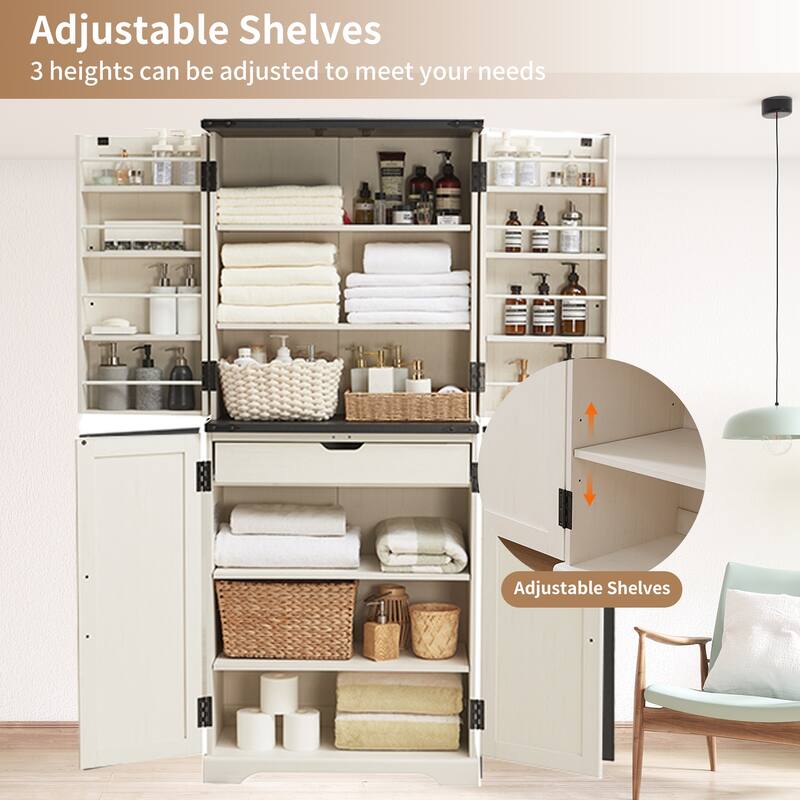 Farmhouse Wood Pantry Cabinet with Barn Doors, Adjustable Shelves